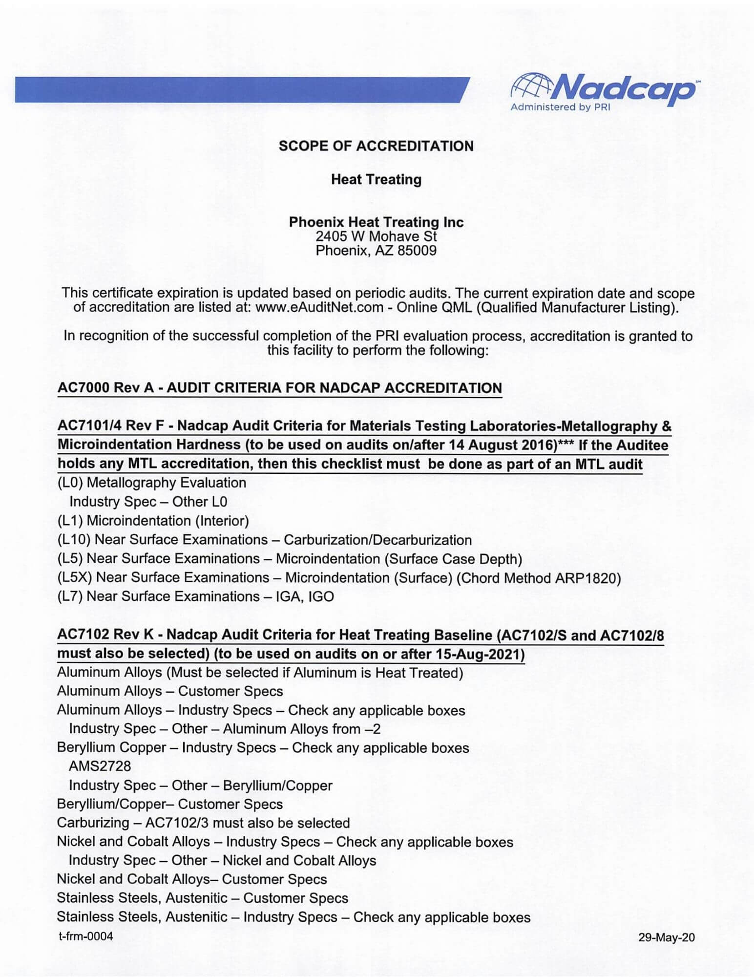 Nadcap Certificate Scope of Accreditation 2026